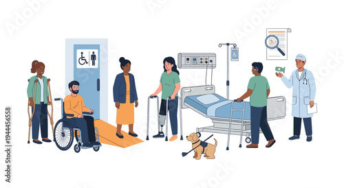 Inclusive Healthcare and Accessibility: Diverse People with Disabilities Receiving Medical Support and Rehabilitation