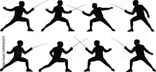 Fencing Athlete Silhouette Set with Sword Duel Action Poses, Fencer Sport Training and Competition Movements for Olympic Sport, Martial Arts and Combat Illustration