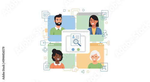 Virtual Recruitment Process with Diverse Team Avatars. Online Hiring and Talent Acquisition.