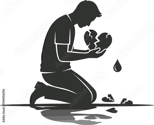 Sad Man Kneeling Holding Broken Heart Showing Heartbreak Emotional Pain Love Breakup Loss Relationship Concept Vector Illustration