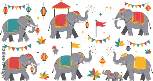 Cute decorated festival elephants vector set with lanterns flags confetti and traditional celebration elements in cartoon style illustration