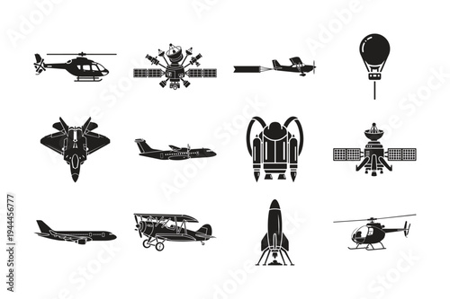 Collection of various black silhouette aircraft and aerial vehicles
