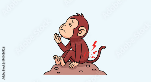 Poor monkey sits on a rock holding its chin and looking pained while red lightning bolts indicate a sore back or injury.
