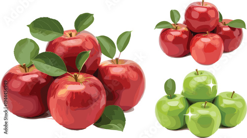 Fresh red and green apples with leaves vector illustration set of ripe apples isolated healthy fruit collection