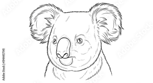 Detailed black and white line art illustration of a cute Australian koala head, isolated on a white background.