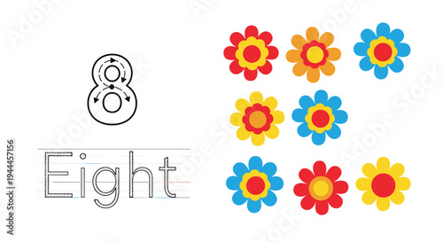 Learning the number eight worksheet features colorful flowers for counting and dashed lines to practice handwriting the digit and word.