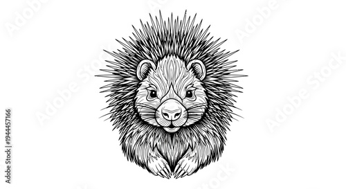 Intricate Hand-Drawn Porcupine Head Illustration, Black and White Vector Art with Spiky Quills, Wildlife Mammal