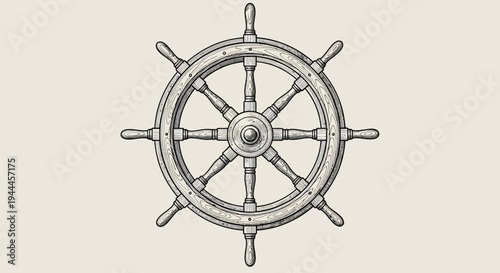 Vintage Ship Steering Wheel Illustration - Engraved Nautical Helm for Maritime Navigation and Sea Travel Concepts