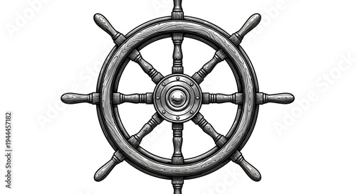 Detailed Engraved Ship's Wheel Illustration, Old Nautical Helm for Steering Vessels, Vintage Maritime Design Element