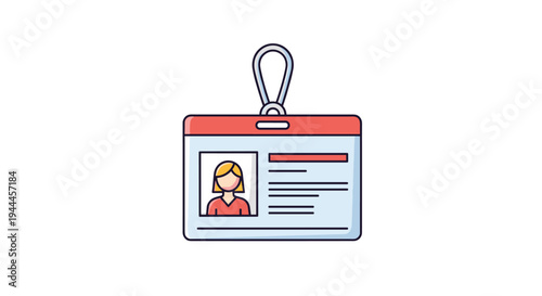 Simple icon of a plastic identification card in a holder with a photo of a woman and various lines of personal information.