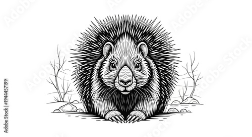 Detailed black and white illustration of a porcupine with sharp quills, a wild rodent mammal in a natural habitat, front view.