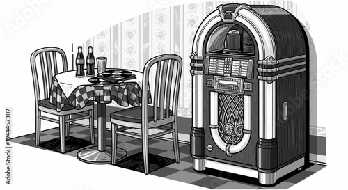 Classic American diner scene with vintage jukebox, table, and chairs. Retro black and white illustration.