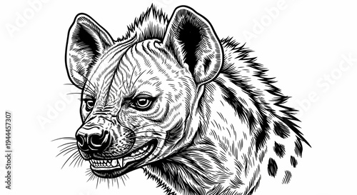 Intense black and white hyena head illustration with snarling expression and sharp teeth, detailed African predator art, wildlife drawing.