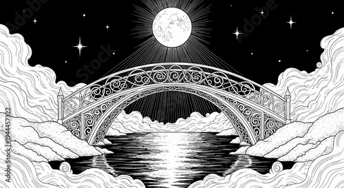 Celestial Ornate Bridge Arching Over Reflective Water Under a Bright Full Moon and Starry Night Sky, Dreamlike Illustration