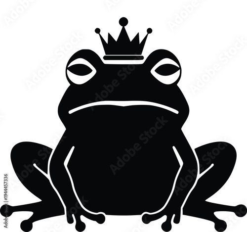 A regal frog adorned with a crown on its head in a bold silhouette style