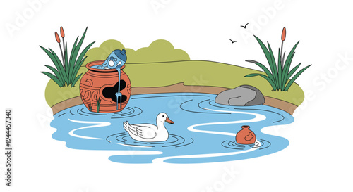 White duck swims in a pond next to a discarded clay pot while trash like a plastic bottle and another pot pollute the water.