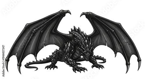 Powerful black dragon with large, detailed wings, a fierce mythical fantasy creature illustration isolated on a white background.
