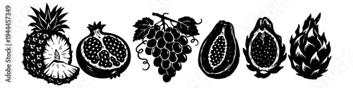 Set of hand-drawn vintage style tropical fruit illustrations in black and white including pineapple, pomegranate, grapes, papaya, and dragon fruit. Linocut or woodcut style graphic design elements.