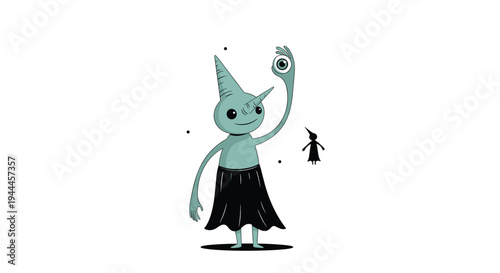 Whimsical one-eyed monster with a pointy head and black skirt holds its eyeball up in its hand against a white background.