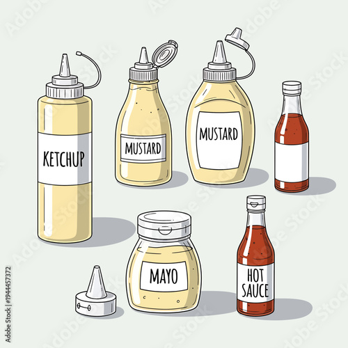 Bottles of Sauces and Condiments Colorful Food Illustration

