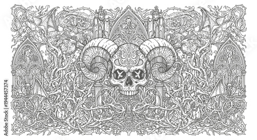 Intricate gothic horned skull illustration with swirling organic patterns and ornate architectural elements. Dark fantasy design.