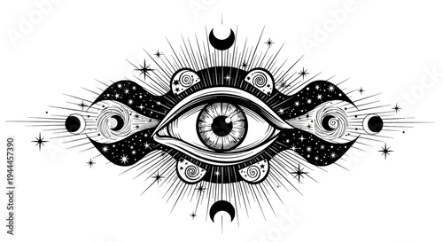 Mystical All-Seeing Eye Vector with Celestial Moons, Stars, and Cosmic Rays. Esoteric Spiritual Vision Symbol. Black and White Graphic Design.