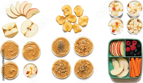 Apple snack and lunch box food vector set with sliced apples apple chips dips and healthy meal elements