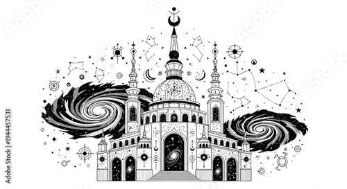 Cosmic Mosque Illustration with Stars, Crescent Moon, and Galaxy Swirls. Spiritual Islamic Architecture Black and White Line Art.