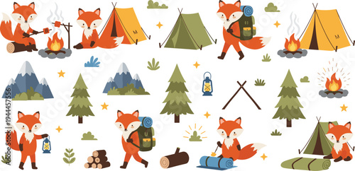 Cute Fox Camping Adventure Set with Tent, Campfire, Backpack and Forest Elements, Cartoon Animal Hiking and Outdoor Travel Vector Illustration Collection