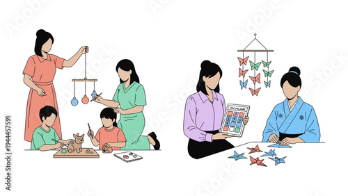 Family bonding and cultural learning : A series of illustrations depicts family bonding through creative activities and cultural learning.