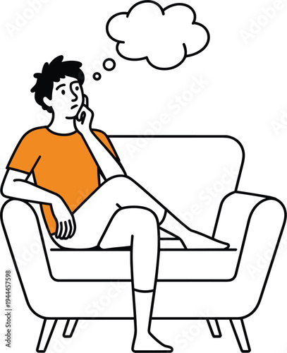 Young man sitting on armchair thinking with empty thought bubble, vector illustration on white background, orange