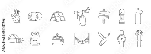 Camping and hiking gear thin line icon set. Editable stroke icons. Vector illustration.	