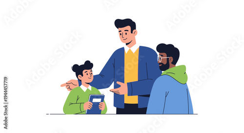 Male Mentorship and Education: Teacher Guides Young Student with Book in Learning Discussion, Flat Vector Illustration