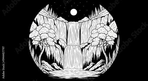 Monochrome waterfall landscape with moon and trees, intricate line art in a circular frame. Night nature illustration, black and white.