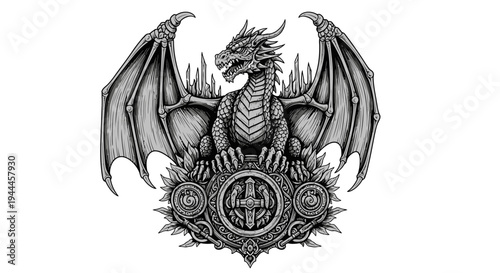 Powerful Fantasy Dragon Illustration Perched on Intricate Emblem with Cross Symbol, Engraving Art Style