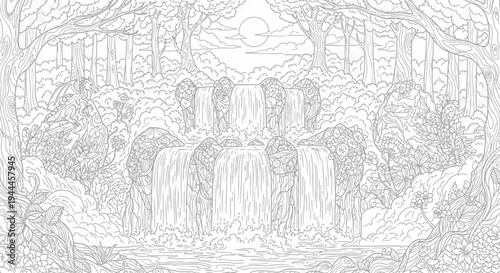 Intricate Fantasy Forest Waterfall Line Art Illustration for Coloring Book. Detailed Hand-Drawn Nature Landscape Outline Design.