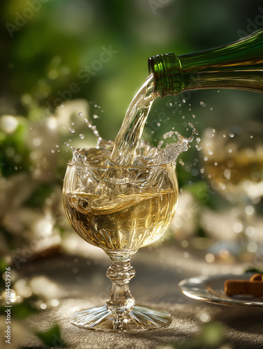 White wine pouring from bottle into crystal glass.
