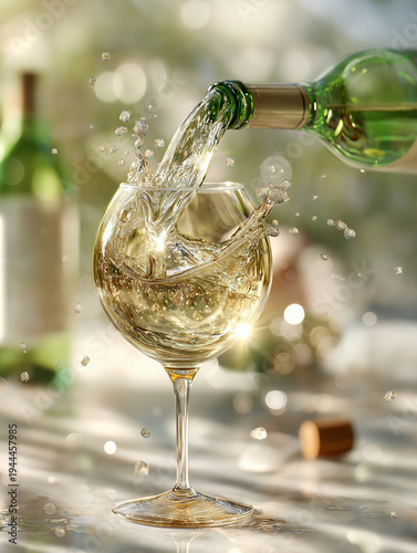White wine pouring from bottle into crystal glass.