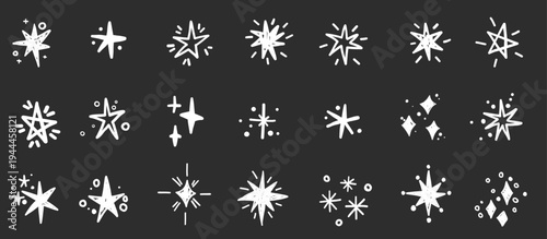 Crayon stars doodle line minimalistic icon set. Hand drawn vector graphic sparkling twinkling elements. Glitter comic collection.