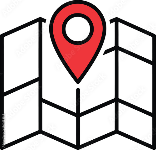 Folded map icon with red location pin for travel navigation and geographic position marker