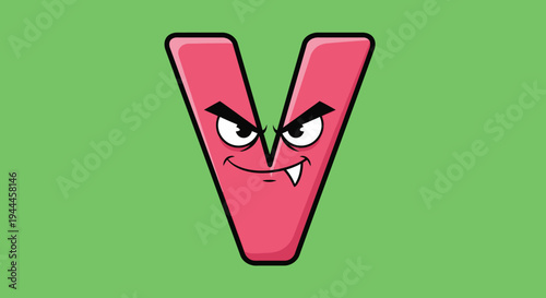 Cartoon Letter V with Evil Face and Fangs