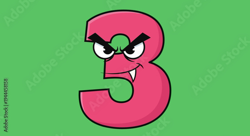 Cartoon Number Three with Evil Face on Green Background