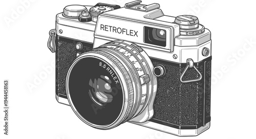 Detailed black and white illustration of a classic vintage film camera, perfect for photography, retro design, and creative projects.