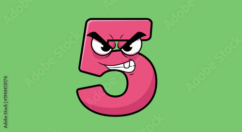 Angry Cartoon Number Five on Green Background