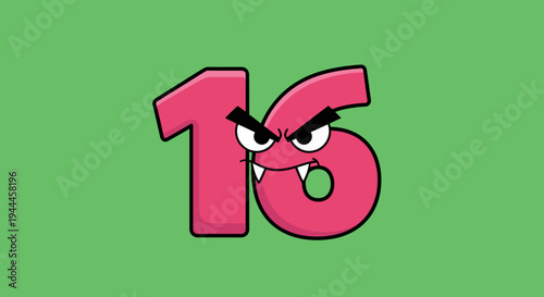 Cartoon Number Sixteen with Angry Face