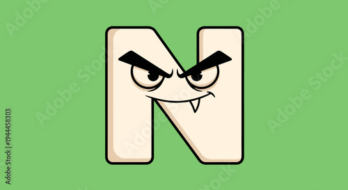 Cartoonish Letter N with Evil Face and Fangs