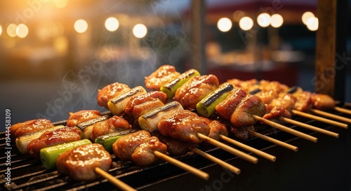 Juicy Marinated Chicken Yakitori Skewers Grilling on a Barbecue at a Street Food Stall