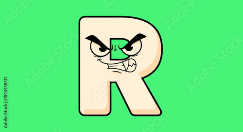 Cartoonish Letter R with Angry Face on Green Background