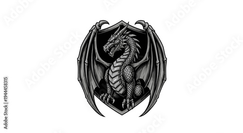 Powerful Mythical Dragon Emblem on Shield. Grayscale Fantasy Creature Heraldic Crest. Vintage Medieval Design Illustration.