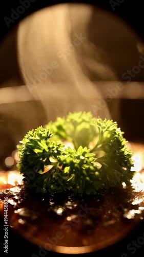 Close-up of Fresh Curly Parsley Garnish on Hot Steaming Food Dish Delicious Aroma